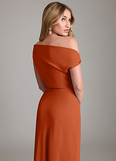 Azazie Emerson Bridesmaid Dresses Burnt Orange Sheath Off the Shoulder Chiffon Dress image3