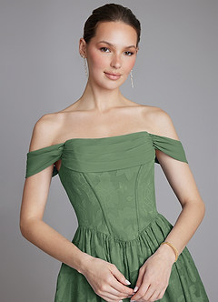 Azazie Raisa Bridesmaid Dresses Eucalyptus A-Line Off the Shoulder Floral Burnout Dress image4