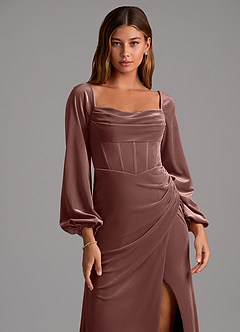 Azazie Charissa Bridesmaid Dresses Espresso Sheath Long Sleeve Velvet Dress image6