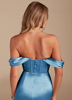 Azazie Asha Bridesmaid Dresses Steel Blue Sheath Off the Shoulder Metallic Satin Dress image6