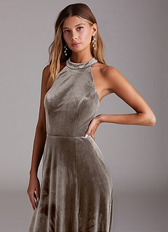 Azazie Larice Bridesmaid Dresses Silver Taupe A-Line with Pockets Velvet Dress image5
