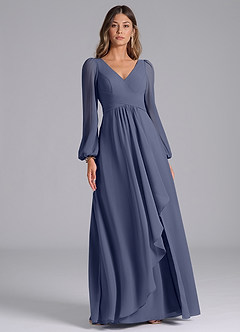 Azazie Liah Robes de demoiselle d'honneur Robe Trapèze en Mousseline de soie Manches longues Bleu Orageux image3