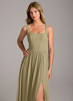 Azazie Rosaline Bridesmaid Dresses Moss Green A-Line Side Slit Chiffon Dress image2