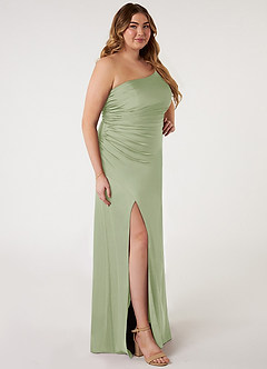 Azazie Eren Robes de demoiselle d'honneur Robe Sirène en Satin extensible Ue épaule Vert Sauge image8