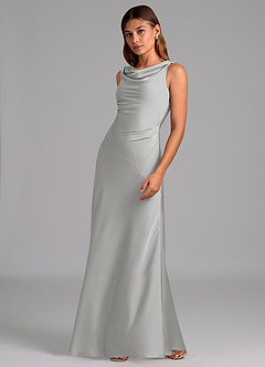 Azazie Nerine 신부 들러리 드레스 A라인 주름진 스트레치 새틴 바닥 길이 드레스 image4