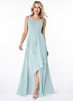 Azazie Calvi Brautjungfernkleider A-Linie Gestreift Chiffon Kleid Nebel image1