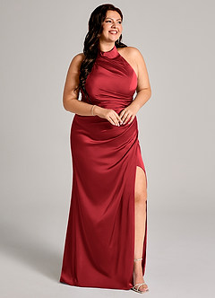 Azazie Jemma Robes de demoiselle d'honneur Robe Fourreau en Satin extensible Plissée Écarlate image11