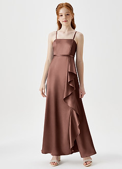 Azazie Kaylee Junior Espresso A-Line with Belt Metallic Satin Dress image1