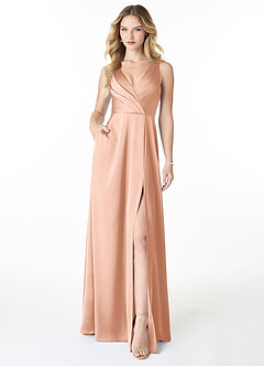 Azazie Nelly Bridesmaid Dresses Rose Gold A-Line V-Neck Pleated Stretch Satin Dress image1