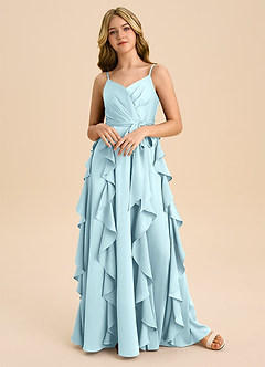 Azazie Peyton Junior Cloud Blue A-Line Pleated Stretch Satin Dress image4