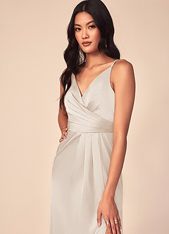 Azazie Aqua Bridesmaid Dresses White Alabaster A-Line V-Neck Pleated Stretch Satin Dress image6