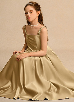 Azazie Mochi Girls Formal vestidos de niña de las flores Vestido de Oro de Satin Mate de Corte Princesa con Plisado image3