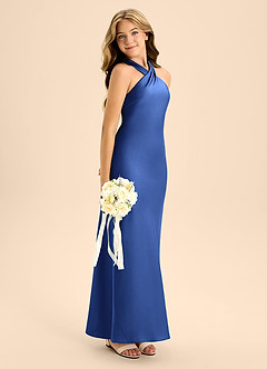 Azazie Doretta Junior Vestido de Azul Real de Satén Elástico de Corte En A con Plisado image7