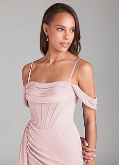 Azazie Amyra Bridesmaid Dresses Blushing Pink Sheath Off the Shoulder Chiffon Convertible Dress image6