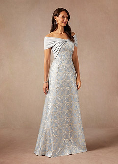 Azazie Amelia Vestidos para mãe da noiva Vestir Azul Empoeirado de Jacquard de Linha A com Fora do ombro image4