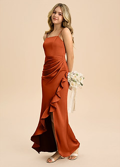 Azazie Buzzy Junior Vestido de Pimenton de Satén Elástico de Corte Recto con Plisado image6