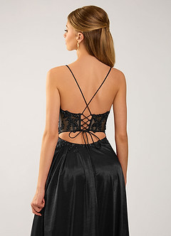 Isoldemark Black Corset Lace Satin Slit Prom Dress image5