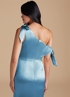 Azazie Xyla Bridesmaid Dresses Steel Blue Sheath Off the Shoulder Metallic Satin Convertible Dress image4