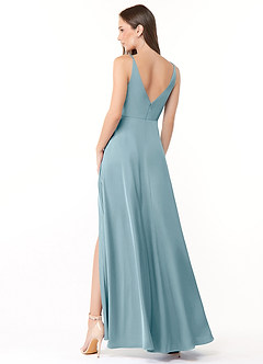 Azazie Dalilah Robes de demoiselle d'honneur Robe Trapèze en Satin extensible Col V plissé Bleu Maussade image2