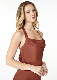 Azazie Myla Bridesmaid Dresses Auburn Sheath Cowl Keyhole Stretch Satin Dress image4