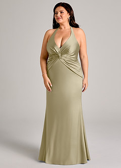 Azazie Valerie Jurken voor bruidsmeisjes Jurk van Stretch Satijn met Zeemeermin Geplooid Mosgroen image11