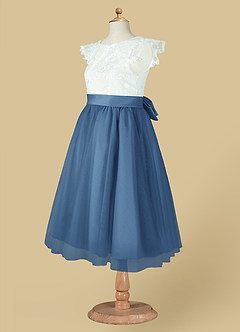 Azazie Vetty Flower Girl Dresses Ivory Steel Blue A-Line Lace Tulle Dress image14