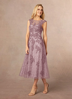 Azazie Flynn Mother of the Bride Dresses Dusty Rose A-Line Boatneck Lace Tulle Dress image2