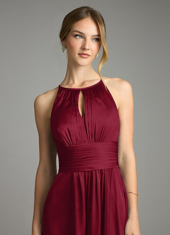 Azazie Bonnie Bridesmaid Dresses Burgundy A-Line Pleated Stretch Satin Dress image2