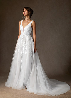 Azazie Sorella Wedding Dresses Diamond White A-Line V-Neck Sequins Tulle Dress image5