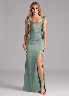 Azazie Jessamine Bridesmaid Dresses Silver Sage Sheath Corset Stretch Satin Dress image3