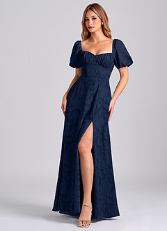 Azazie Mirian Brudtärnklänningar Klä av A-Linje i Blommig Utbrändhet Älskling Halsringning Mörk Marinblå image4