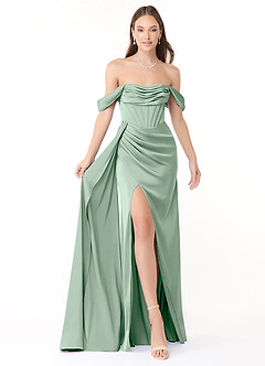 Azazie Amyra At-home Try On Dresses Agave Sheath Off the Shoulder Stretch Satin Convertible Dress image1
