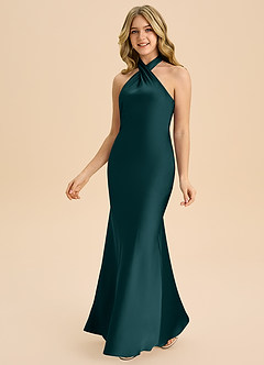 Azazie Chickie Junior Pine Sheath Pleated Stretch Satin Dress image5