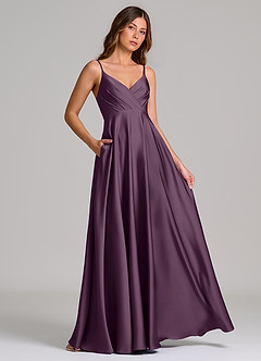 Azazie Amani Robes de demoiselle d'honneur Robe Trapèze en Satin extensible Plissée Prune image4