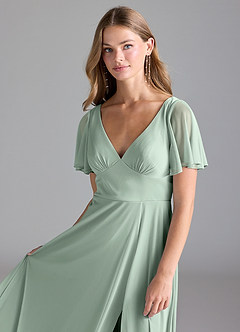 Azazie Kimber Bridesmaid Dresses Agave A-Line with Pockets Mesh Dress image6