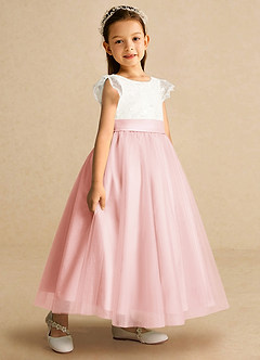 Azazie Pookie Flower Girl Dresses Blushing Pink A-Line Lace Tulle Dress image2