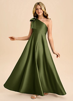 Azazie Penguin Junior Abito A-Line in Raso Elasticizzato Fiocco Oliva image1