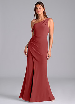 Azazie Madelyn Robes de demoiselle d'honneur Robe Sirène Convertible en Mousseline de soie Épaule décolletée Rouille image4