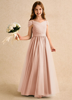 Azazie Yuna Girls Formal Jurken voor bloemenmeisjes A-Lijn Jurk van Tule Off the Shoulder Engelse Roos image1