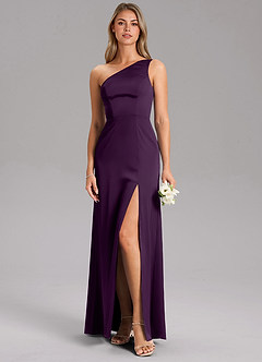Azazie Feby Bridesmaid Dresses Grape A-Line One Shoulder Stretch Satin Dress image3