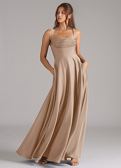 Azazie Shaude Bridesmaid Dresses Taupe A-Line Pleated Stretch Satin Dress image3