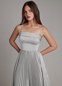 Azazie Mariana Bridesmaid Dresses Silver A-Line Pleated Stretch Satin Dress image2