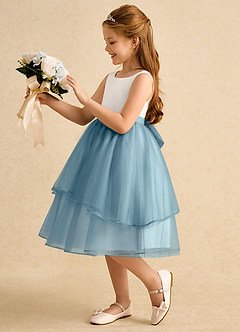 Azazie Rene Flower Girl Dresses Ivory Moody Blue A-Line Bow Tulle Dress image5