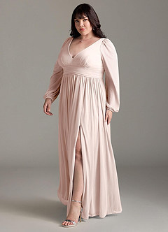 Azazie Norah Bridesmaid Dresses Rose Petal A-Line V-Neck Long Sleeve Chiffon Dress image11