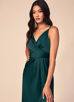 Azazie Aqua Bridesmaid Dresses Pine A-Line V-Neck Pleated Stretch Satin Dress image6