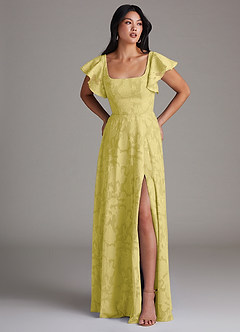 Azazie Bondi Bridesmaid Dresses Canary A-Line Side Slit Floral Burnout Dress image4