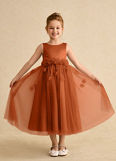 Azazie Lux vestidos de niña de las flores Vestido de Naranja Quemada de Tul de Corte En A con Perla image4