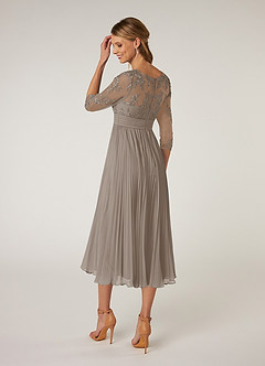 Azazie Tutu Mother of the Bride Dresses Taupe A-Line Boatneck Lace Chiffon Dress image4