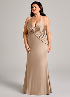 Azazie Valerie Bridesmaid Dresses Taupe Mermaid Pleated Stretch Satin Dress image5