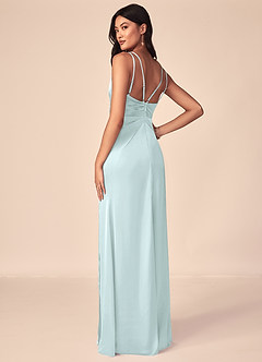Azazie Aqua Bridesmaid Dresses Sea Glass A-Line V-Neck Pleated Stretch Satin Dress image3